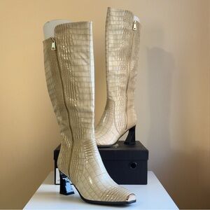 Chic Beige Croc-Embossed Heeled Boots
